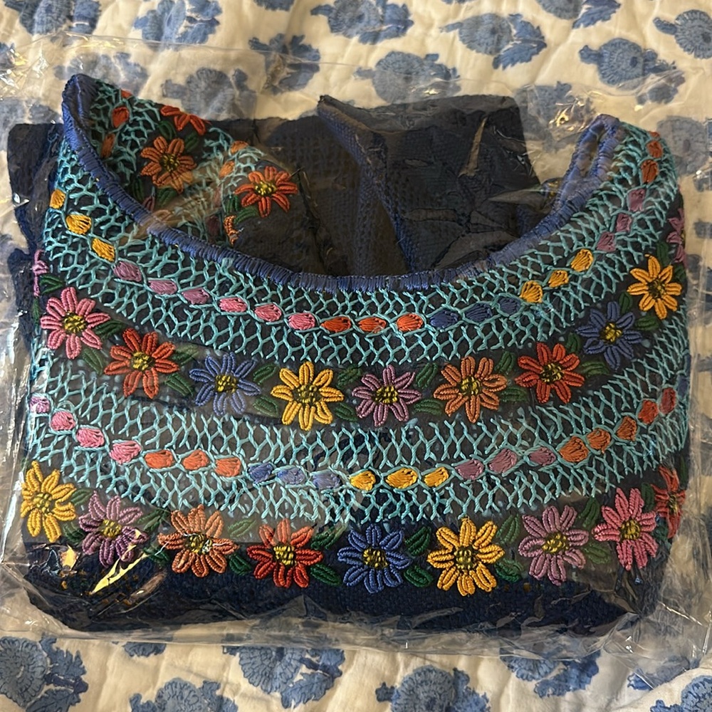 Mi Golondrina | Floral Embroidered Poncho Royal Blue Beach Coverup OS - Picture 9 of 10